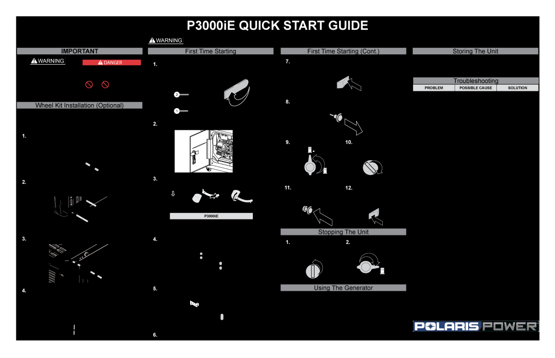 Polaris quick start P3000iE QUICK START GUIDE, First Time Starting Cont, Troubleshooting, Stopping The Unit, Danger 