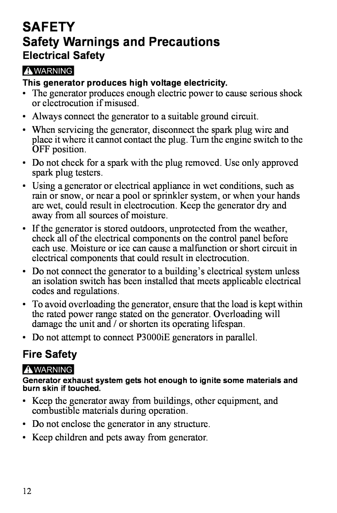 Polaris P3000iE manual Electrical Safety, Fire Safety 