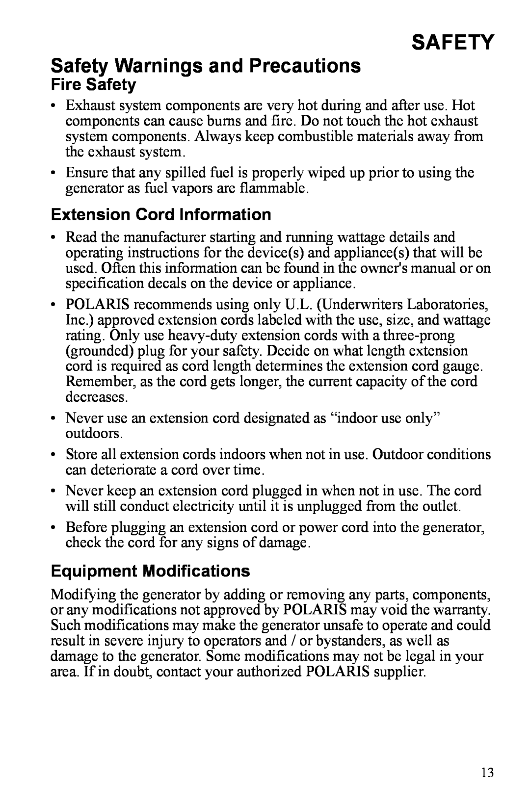 Polaris P3000iE manual Fire Safety, Extension Cord Information, Equipment Modifications 