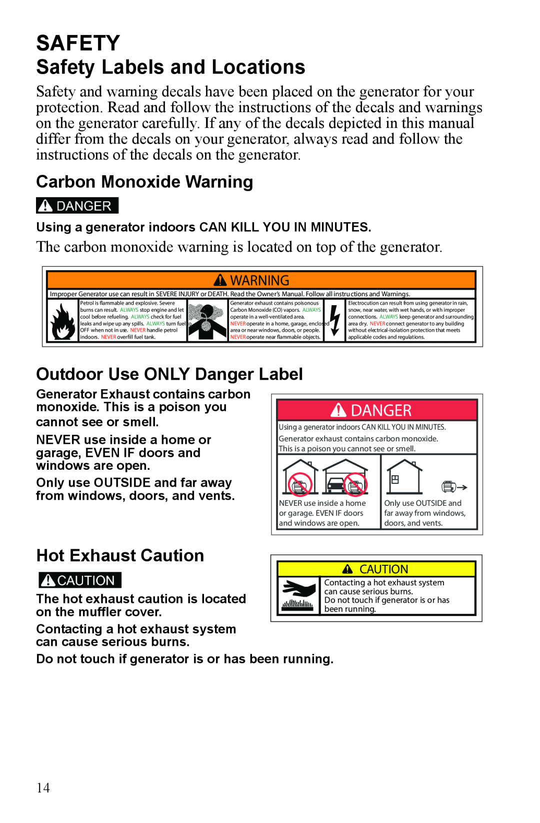 Polaris P3000iE manual Safety, Carbon Monoxide Warning, Outdoor Use ONLY Danger Label, Hot Exhaust Caution 