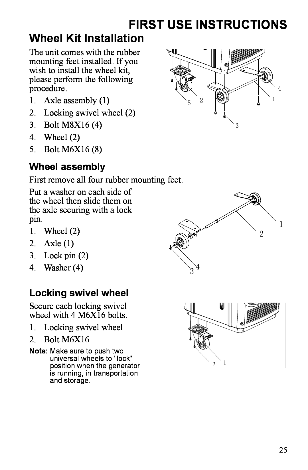 Polaris P3000iE manual First Use Instructions, Wheel Kit Installation, Wheel assembly, Locking swivel wheel 
