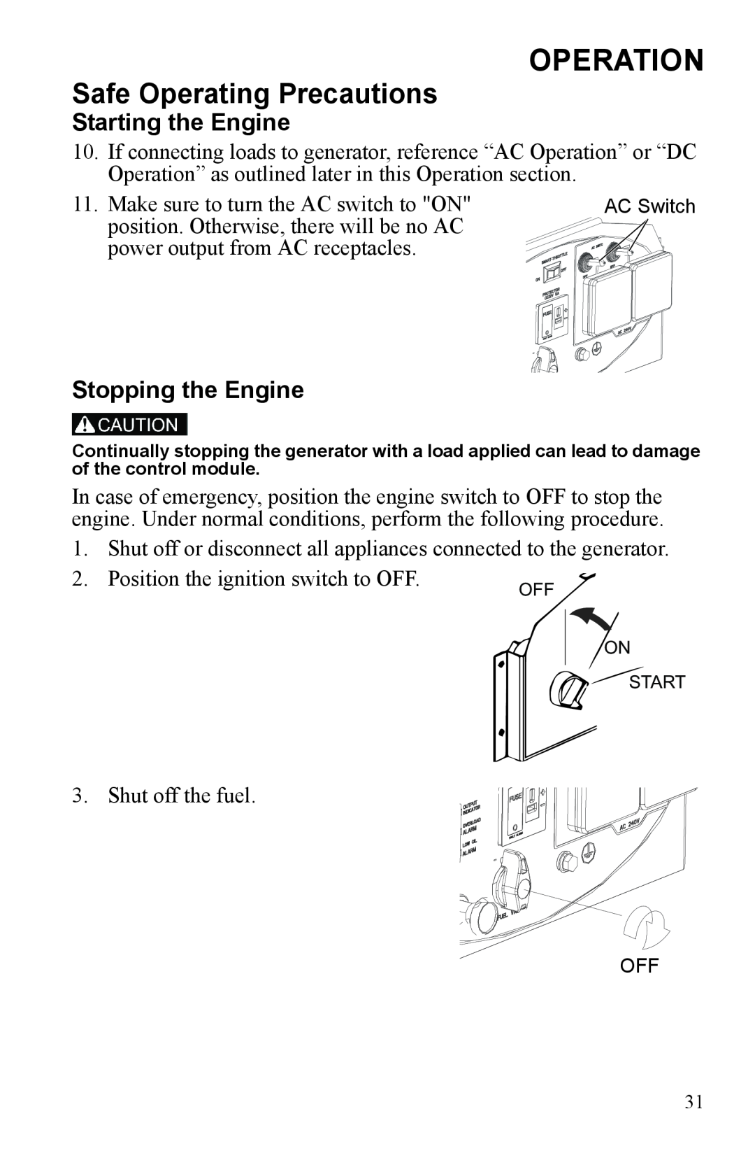 Polaris P3000iE manual Operation, Starting the Engine, Stopping the Engine 