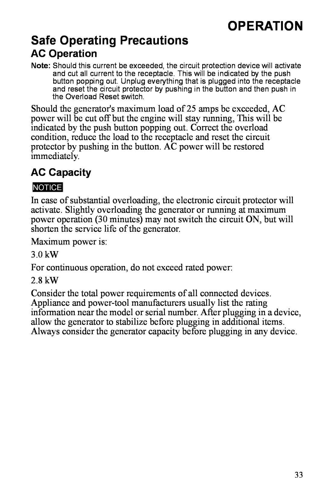 Polaris P3000iE manual AC Operation, AC Capacity 