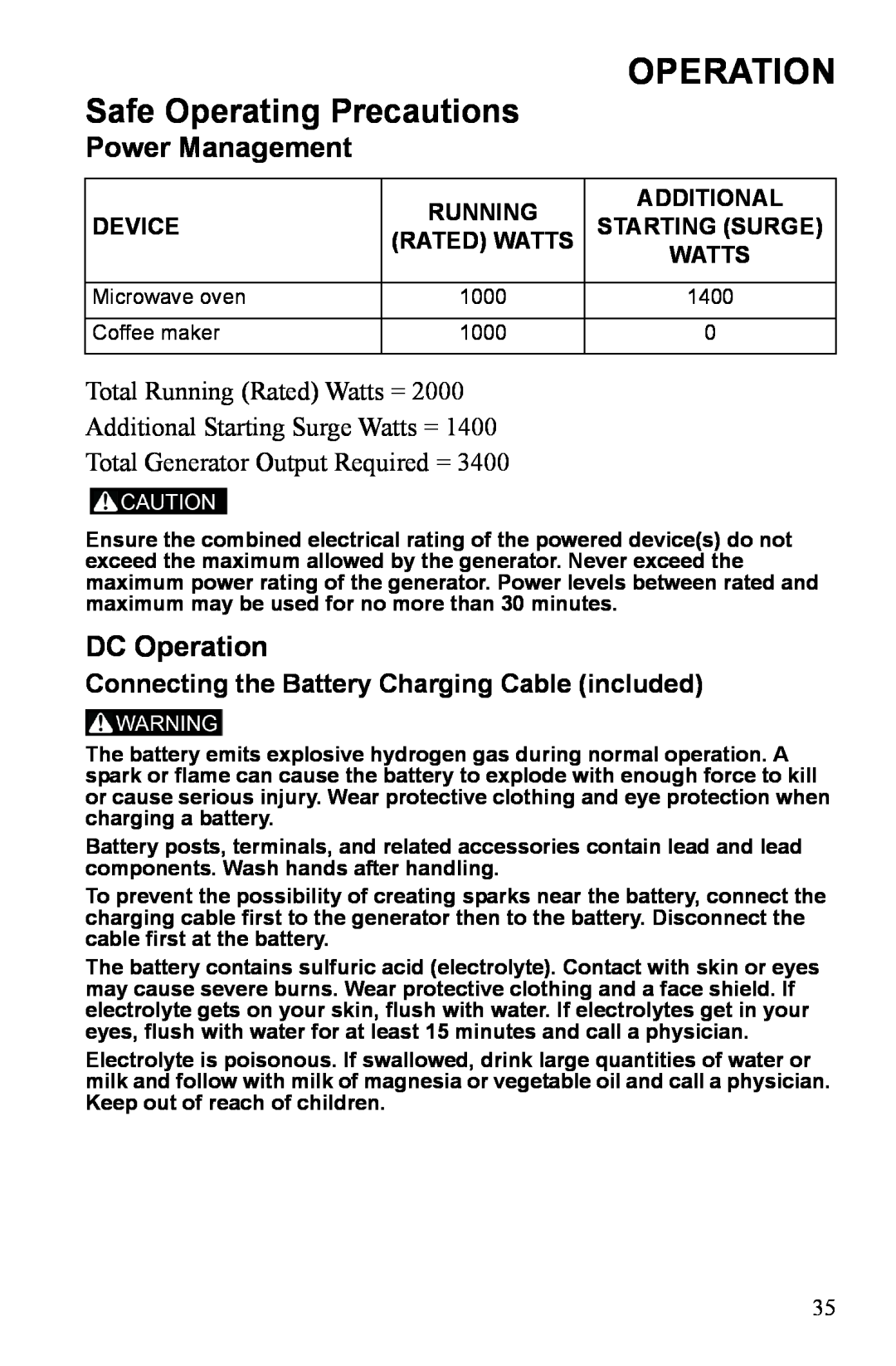 Polaris P3000iE Power Management, DC Operation, Connecting the Battery Charging Cable included, Running, Additional 