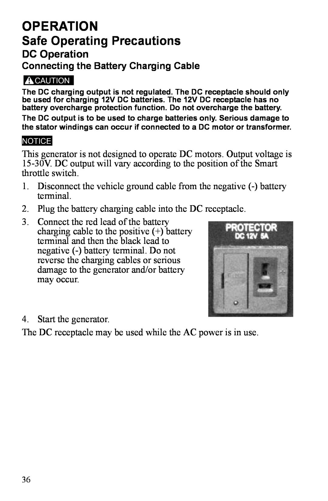 Polaris P3000iE manual DC Operation, Connecting the Battery Charging Cable 