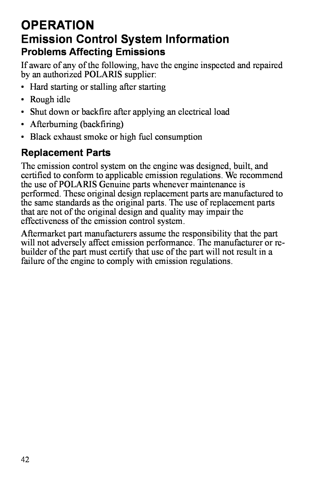 Polaris P3000iE manual Operation, Problems Affecting Emissions, Replacement Parts 