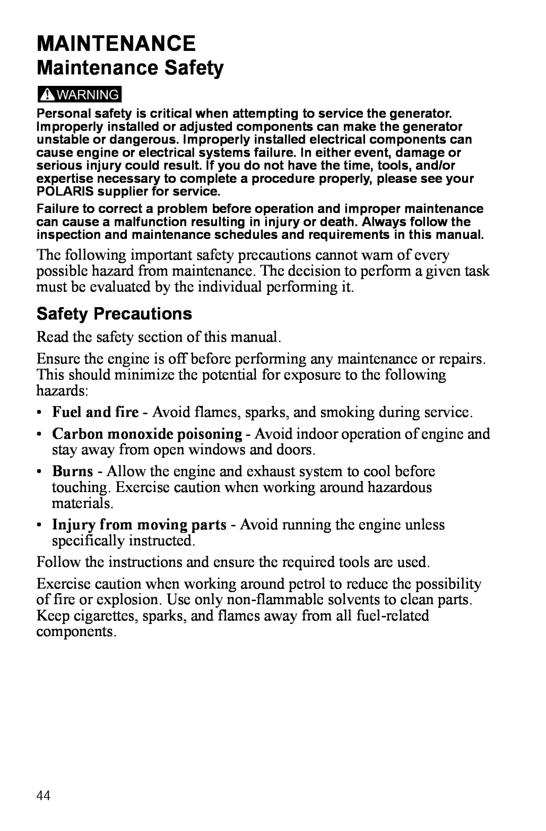 Polaris P3000iE manual Maintenance Safety, Safety Precautions 