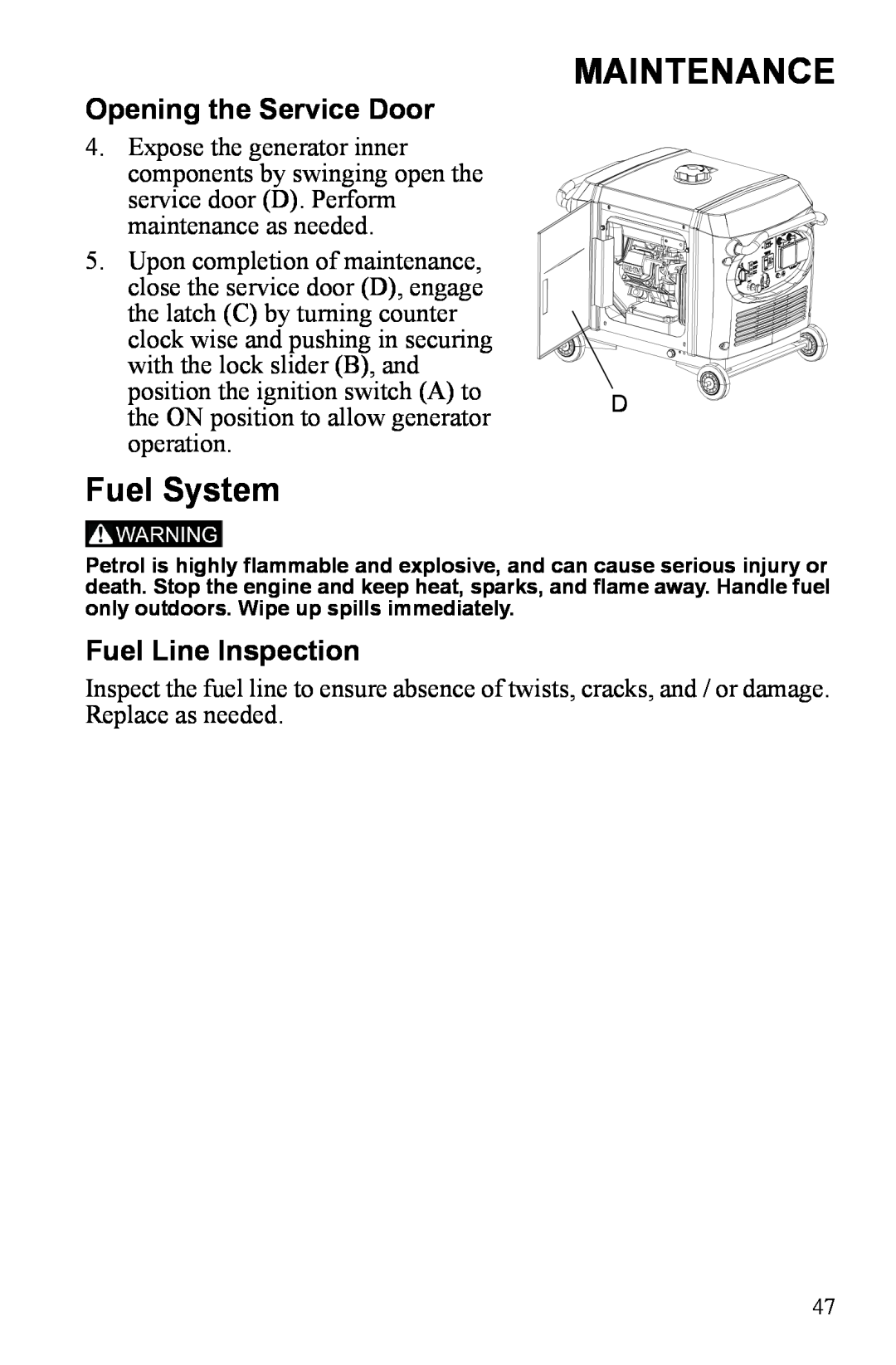 Polaris P3000iE manual Maintenance, Fuel System, Opening the Service Door, Fuel Line Inspection 