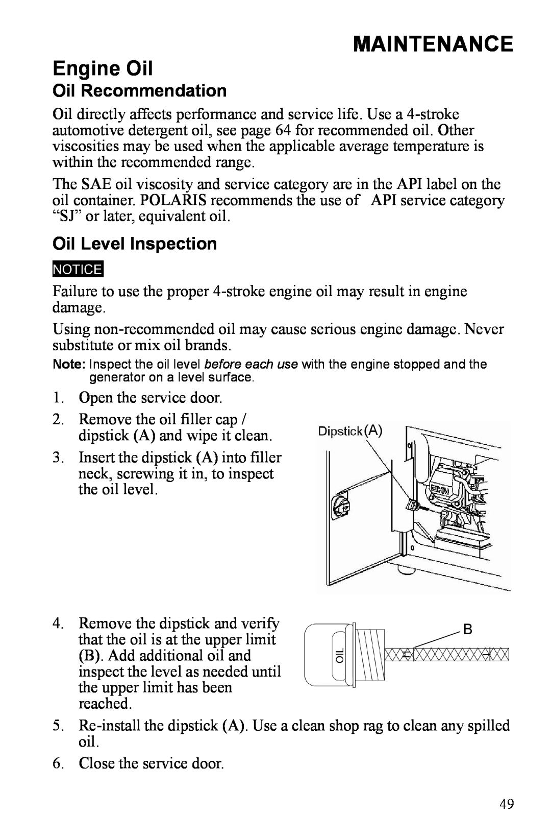 Polaris P3000iE manual Maintenance, Engine Oil, Oil Recommendation, Oil Level Inspection 