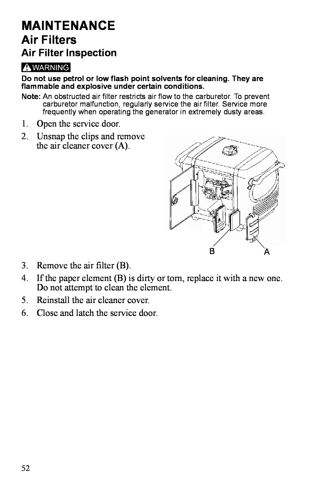 Polaris P3000iE manual Maintenance, Air Filters, Air Filter Inspection 