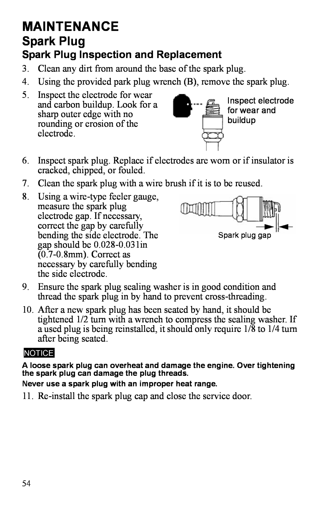 Polaris P3000iE manual Maintenance, Spark Plug Inspection and Replacement, Using a wire-typefeeler gauge 