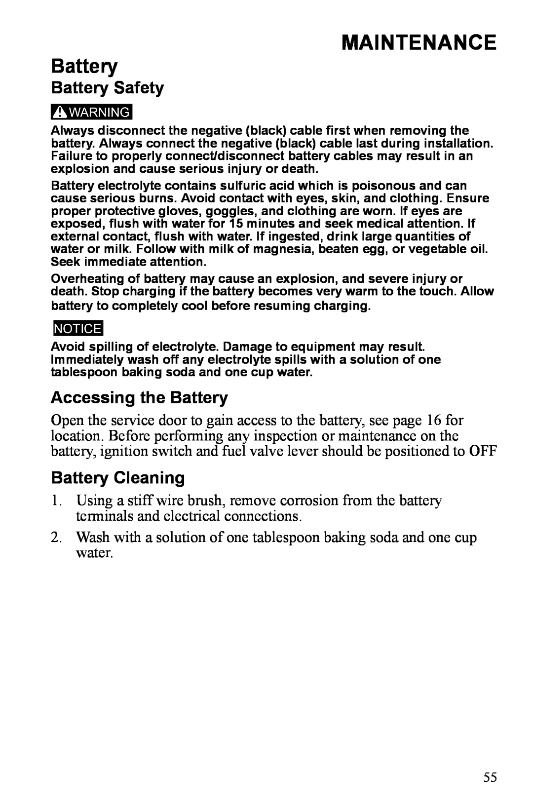 Polaris P3000iE manual Maintenance, Battery Safety, Accessing the Battery, Battery Cleaning 