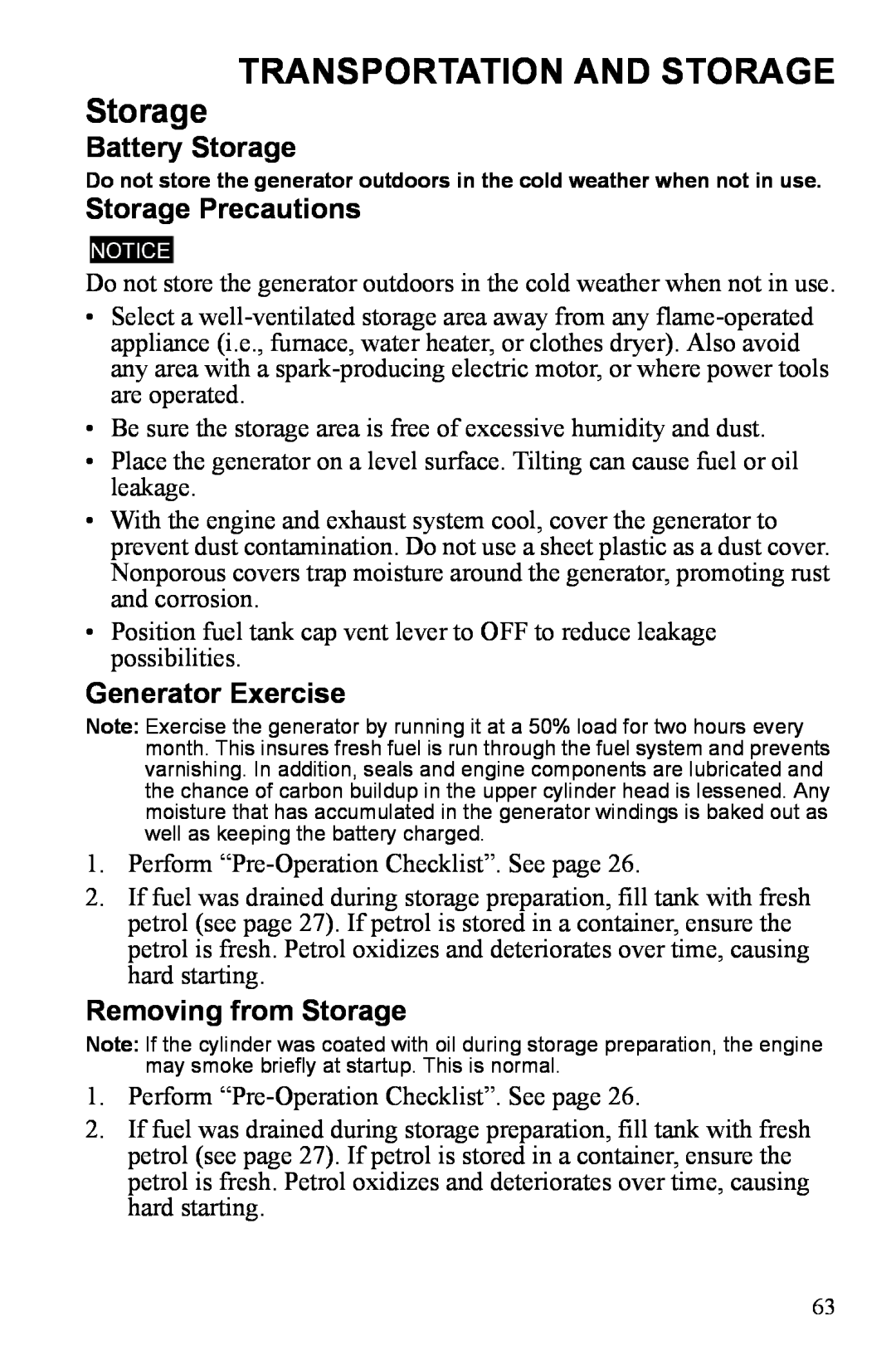 Polaris P3000iE manual Transportation And Storage, Battery Storage, Storage Precautions, Generator Exercise 