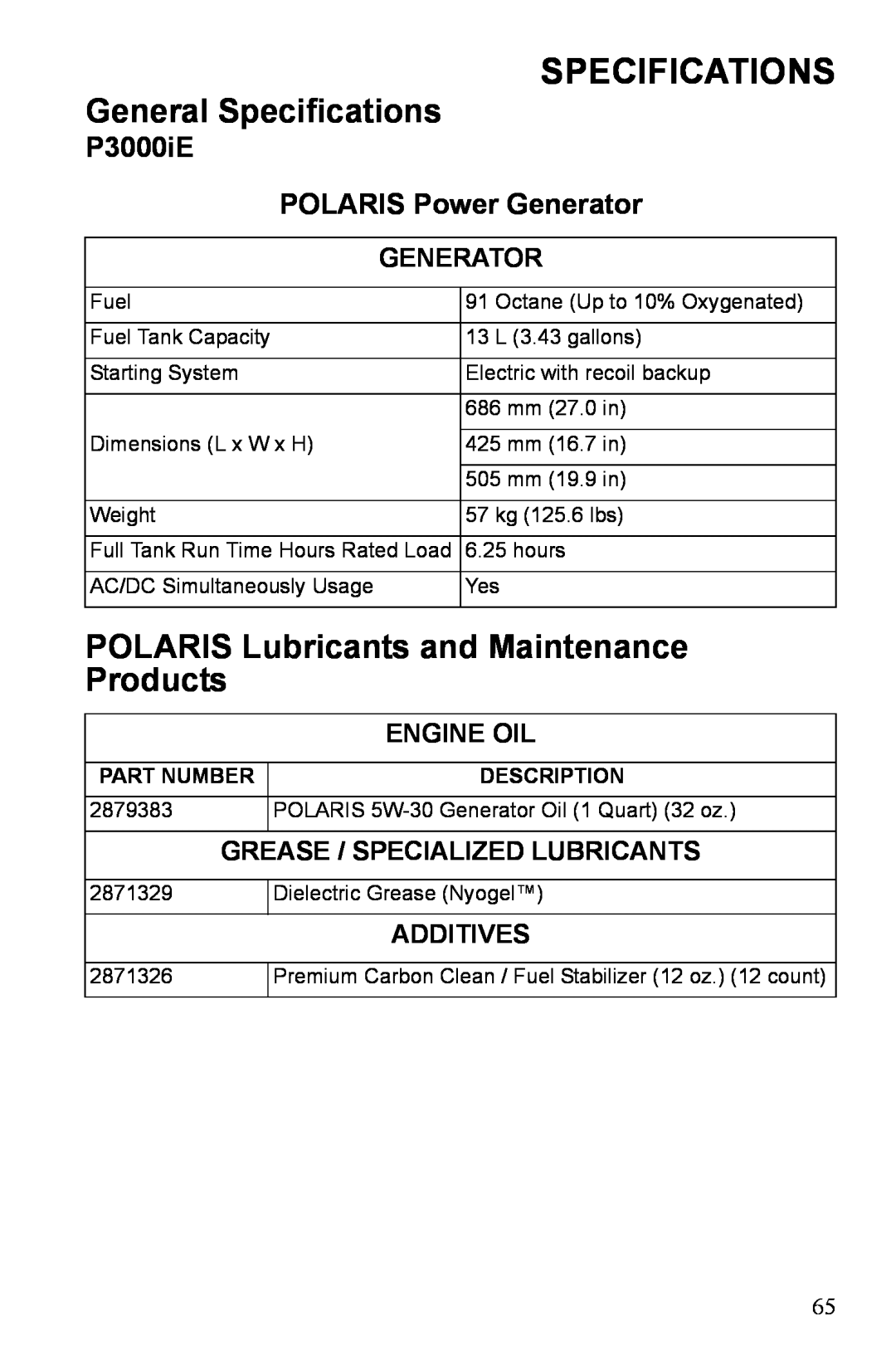 Polaris manual Specifications, P3000iE POLARIS Power Generator, Engine Oil, Grease / Specialized Lubricants, Additives 