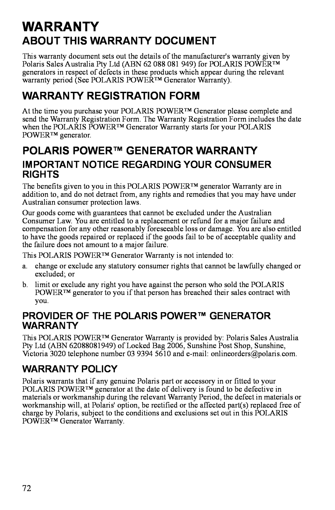 Polaris P3000iE manual About This Warranty Document, Warranty Registration Form, Polaris Power Generator Warranty 