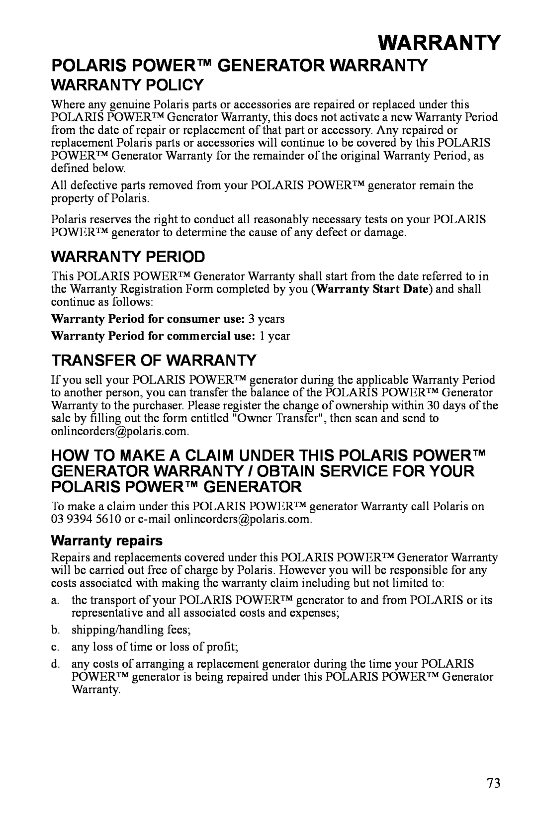 Polaris P3000iE manual Polaris Power Generator Warranty, Warranty Policy, Warranty Period, Transfer Of Warranty 