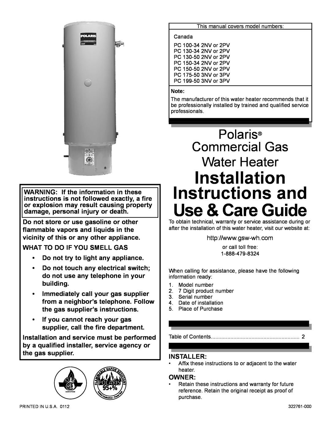 Polaris PC 150-34 2NV, PC 175-50 3NV installation instructions Installation Instructions and Use & Care Guide 