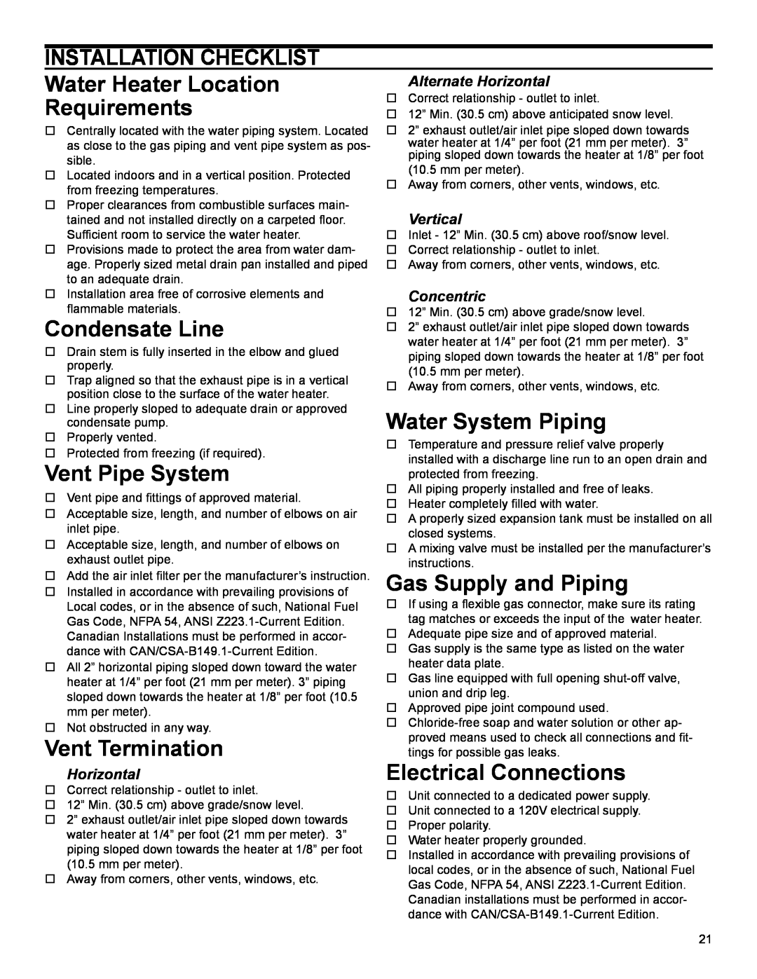 Polaris PC 175-50 3NV Installation Checklist, Water Heater Location, Requirements, Condensate Line, Water System Piping 
