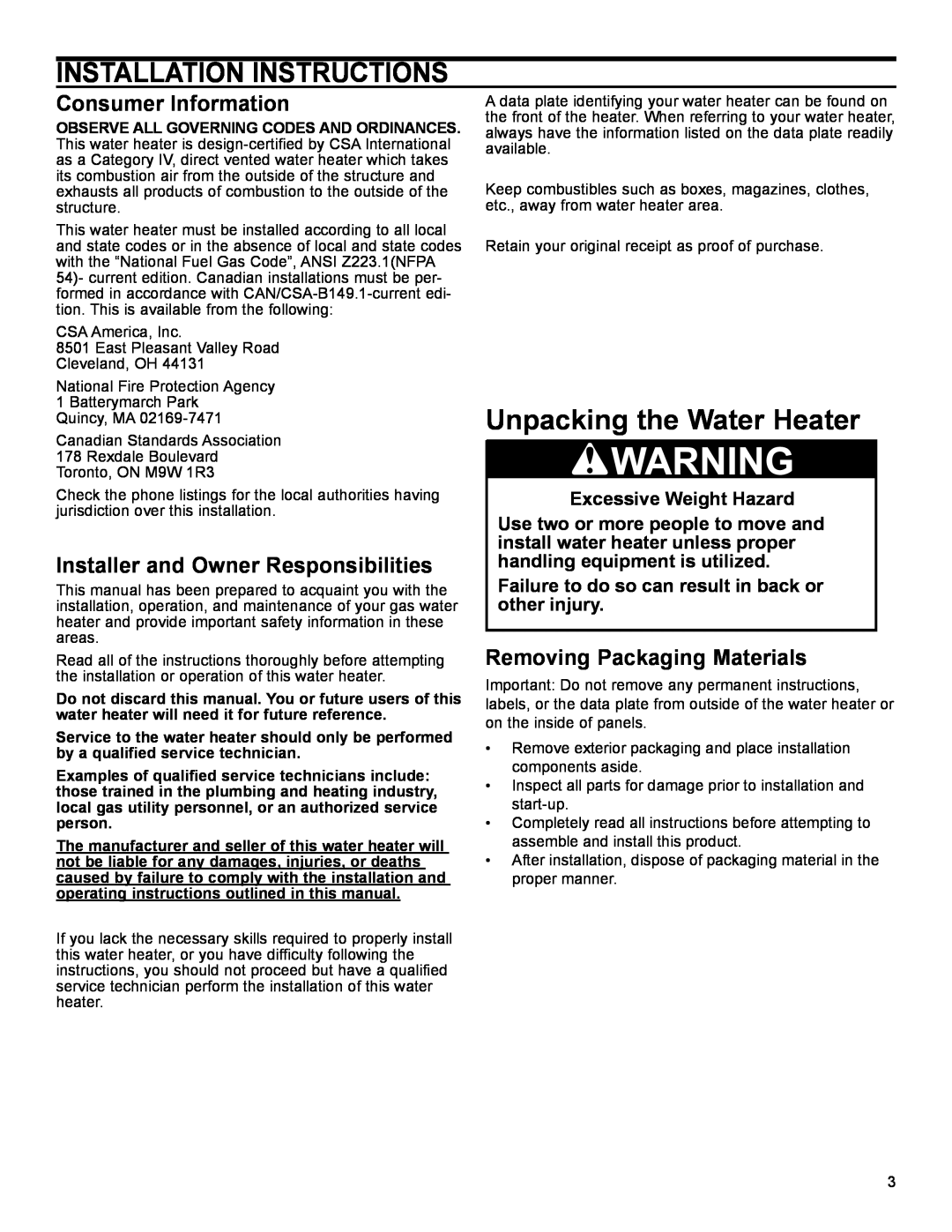 Polaris PC 199-50 3NV, PC 175-50 3NV Installation Instructions, Unpacking the Water Heater, Consumer Information 