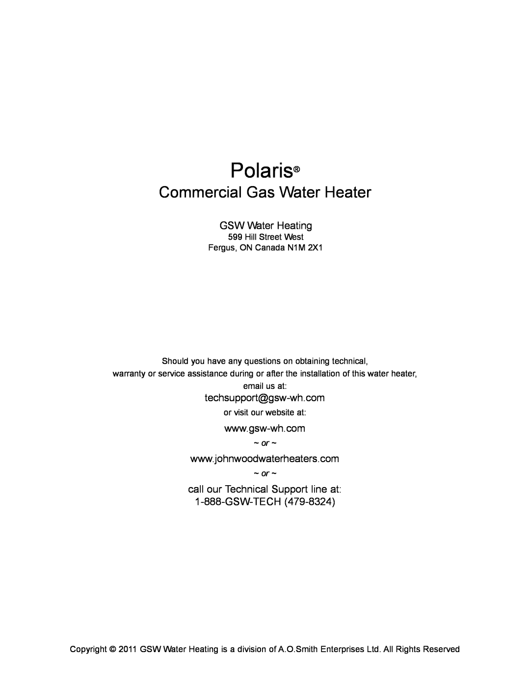 Polaris PC 100-34 2NV Polaris, Commercial Gas Water Heater, GSW Water Heating, techsupport@gsw-wh.com, ~ or ~ 