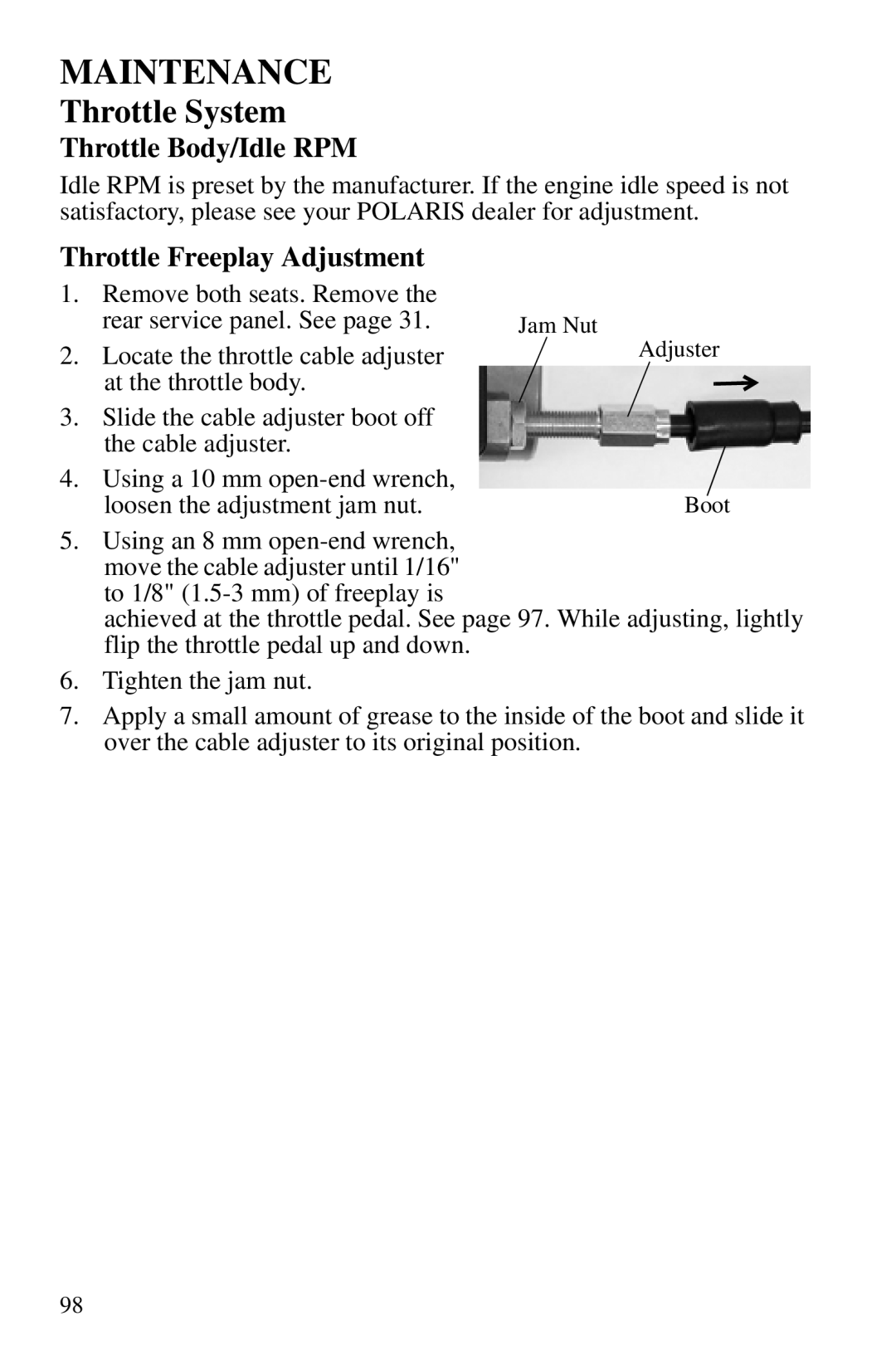 Polaris PMS 419 owner manual Throttle Body/Idle RPM, Throttle Freeplay Adjustment 