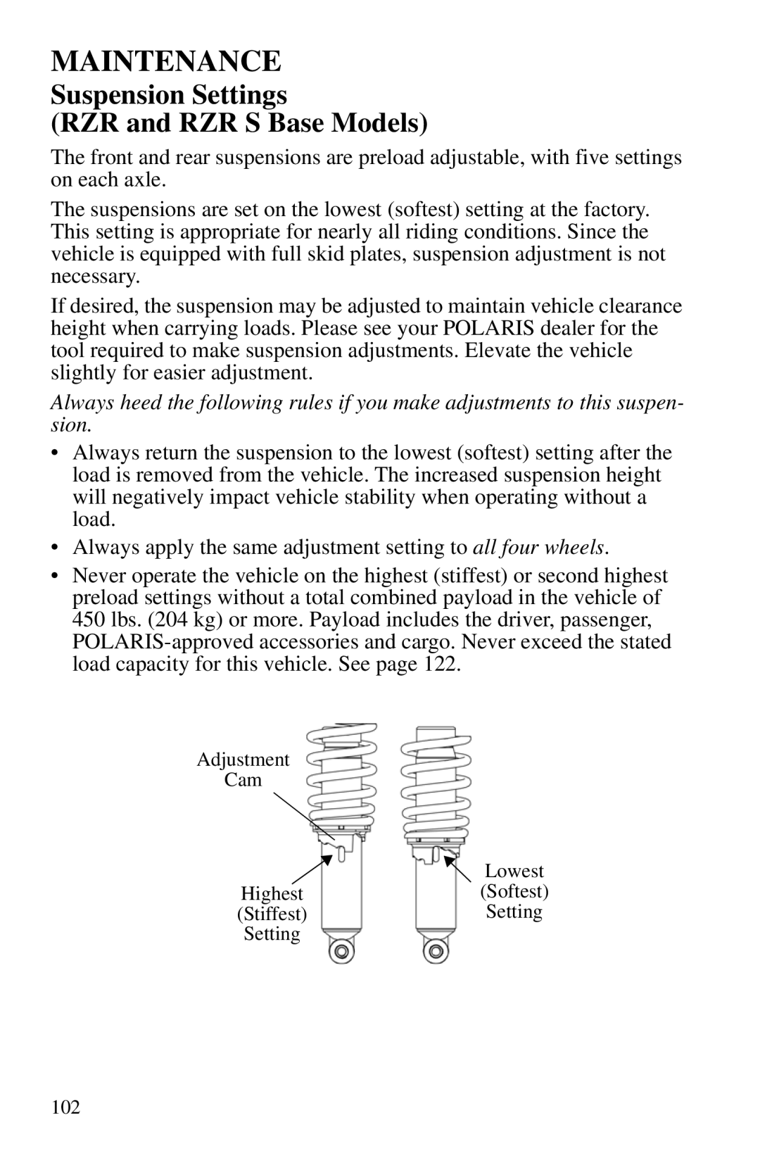 Polaris PMS 419 owner manual Suspension Settings RZR and RZR S Base Models 