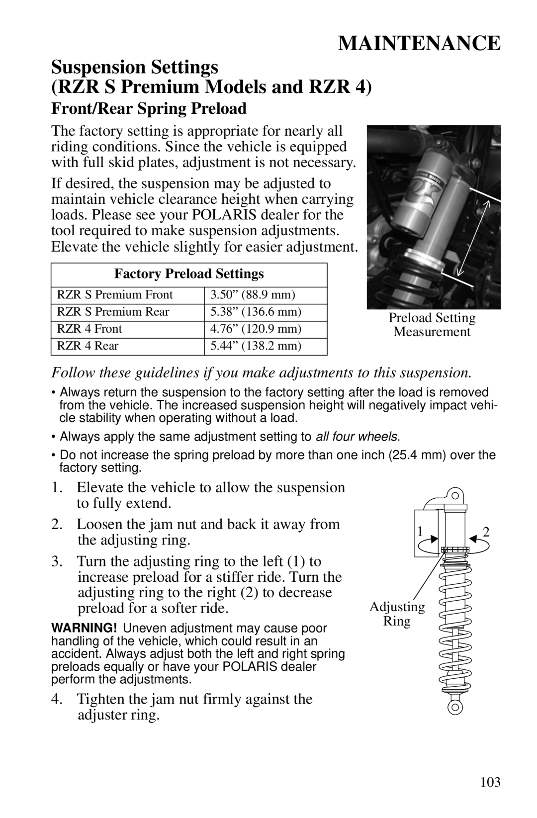 Polaris PMS 419 owner manual Suspension Settings RZR S Premium Models and RZR, Front/Rear Spring Preload 