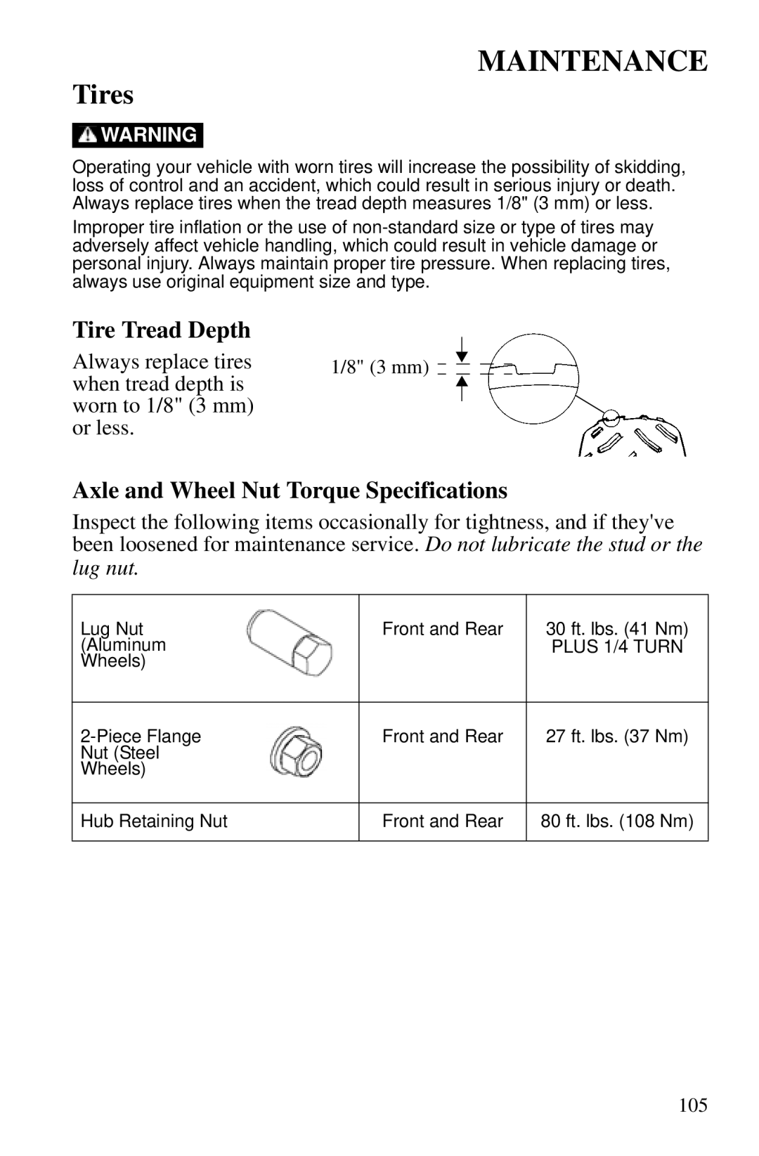 Polaris PMS 419 owner manual Tires, Tire Tread Depth, Axle and Wheel Nut Torque Specifications 