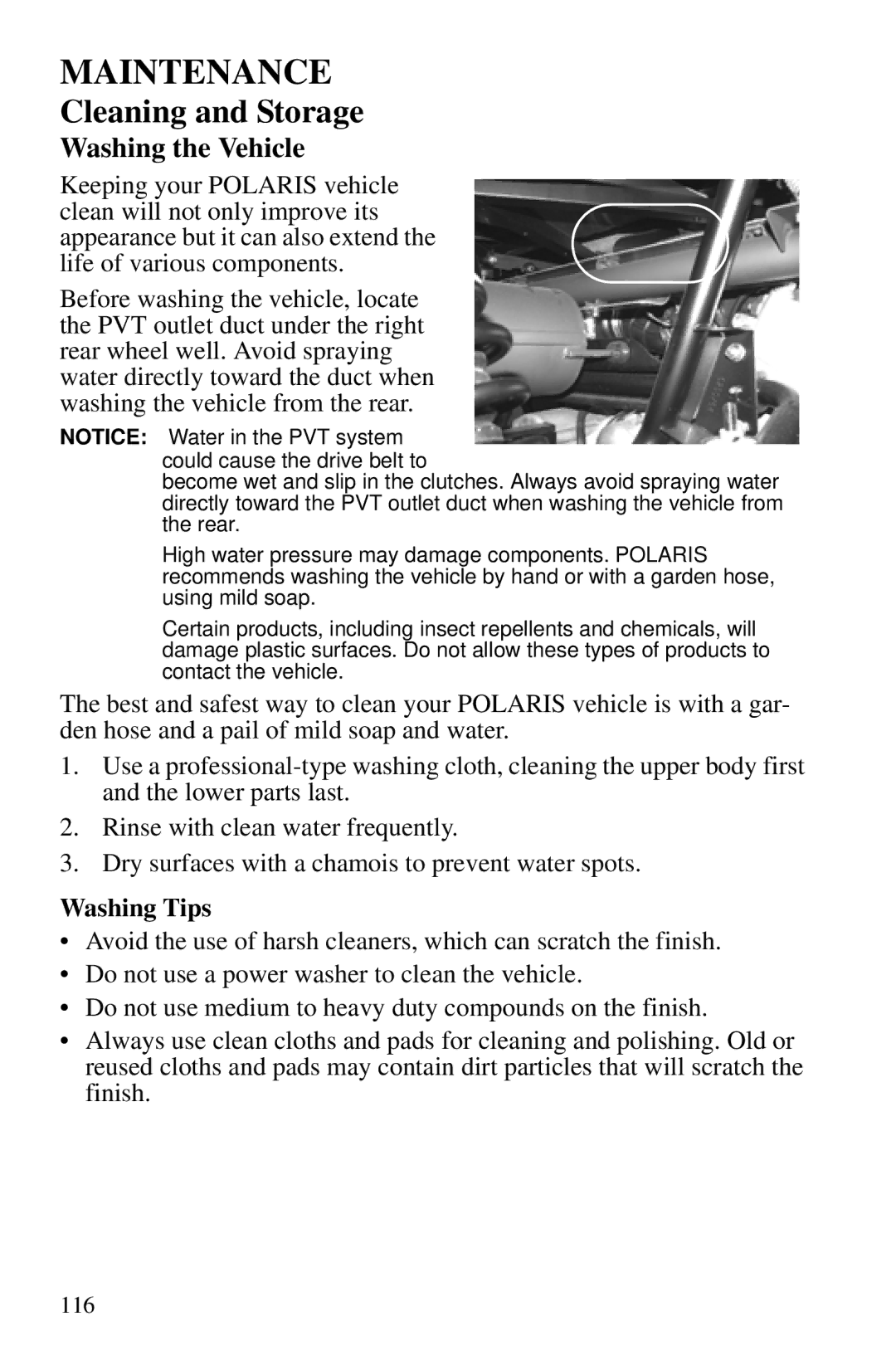 Polaris PMS 419 owner manual Cleaning and Storage, Washing the Vehicle, Washing Tips 