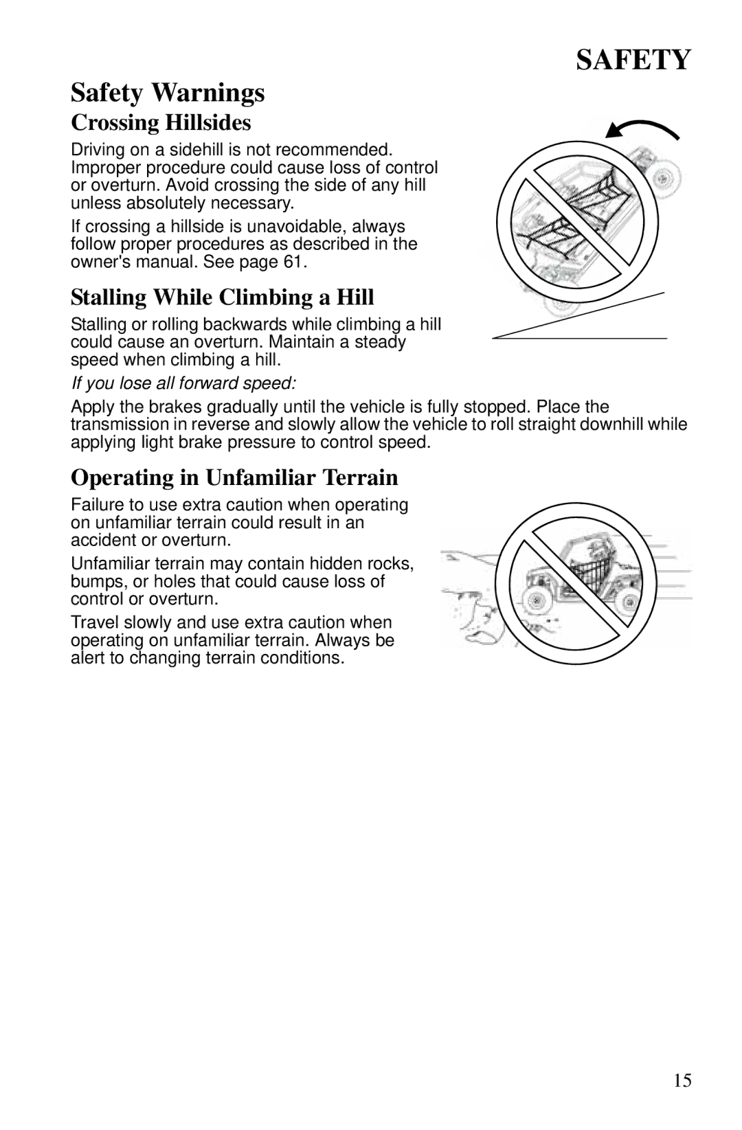 Polaris PMS 419 owner manual Crossing Hillsides, Stalling While Climbing a Hill, Operating in Unfamiliar Terrain 
