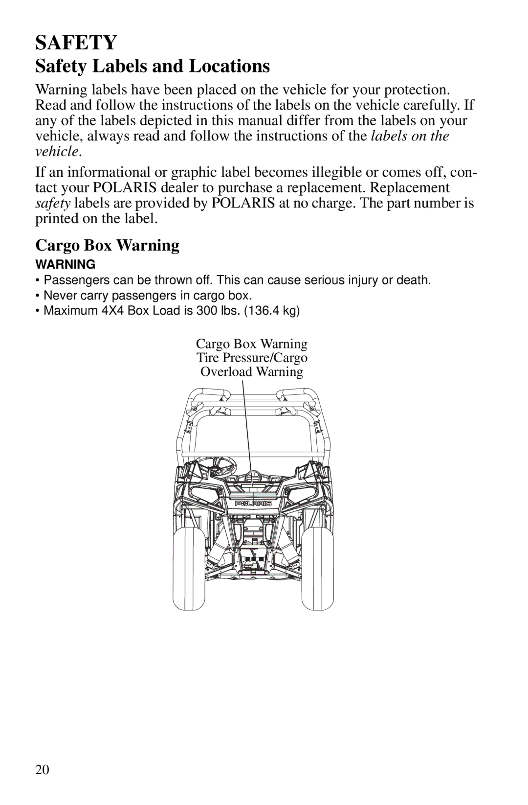 Polaris PMS 419 owner manual Safety Labels and Locations, Cargo Box Warning 