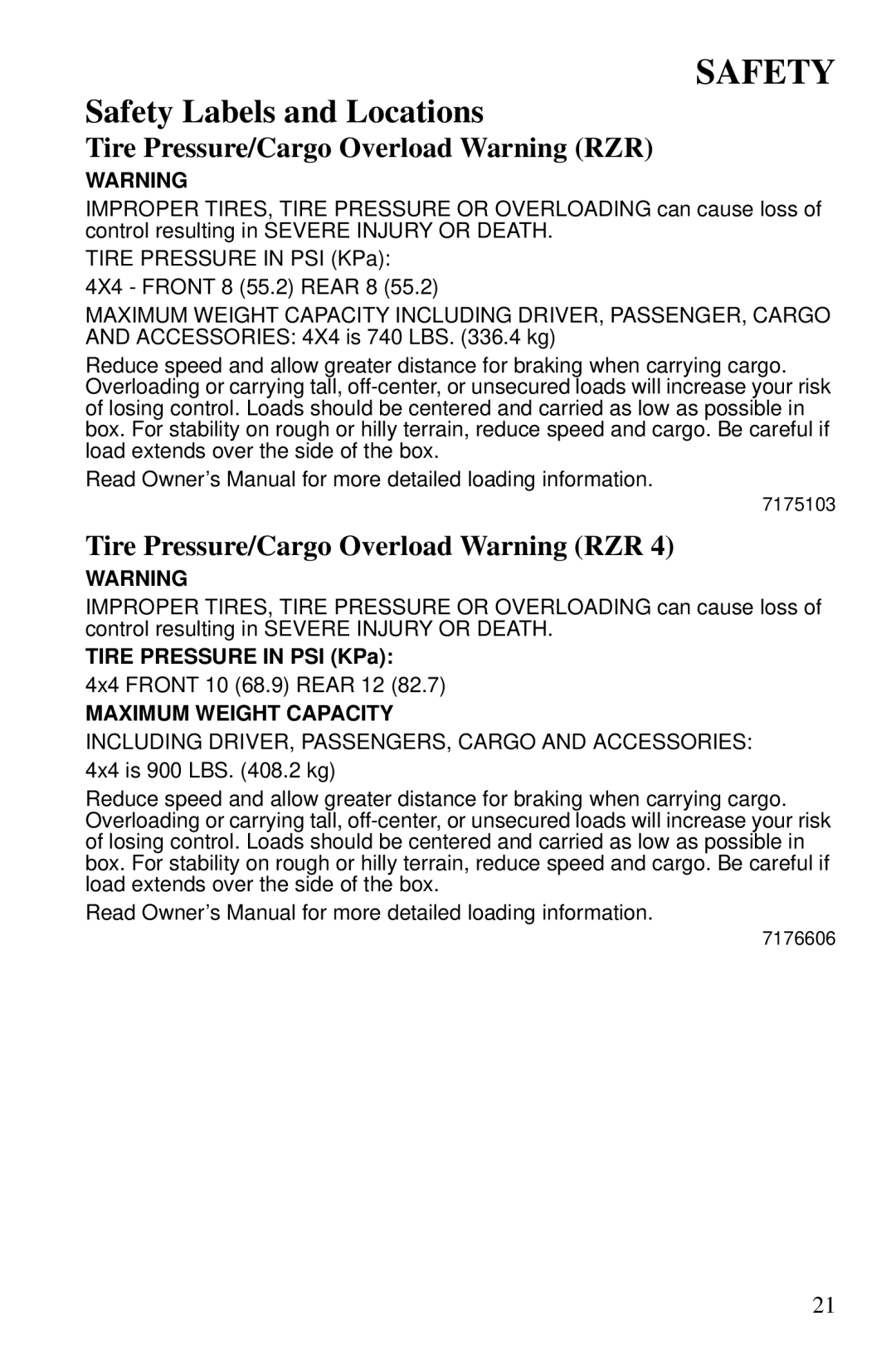 Polaris PMS 419 owner manual Tire Pressure/Cargo Overload Warning RZR, Maximum Weight Capacity 