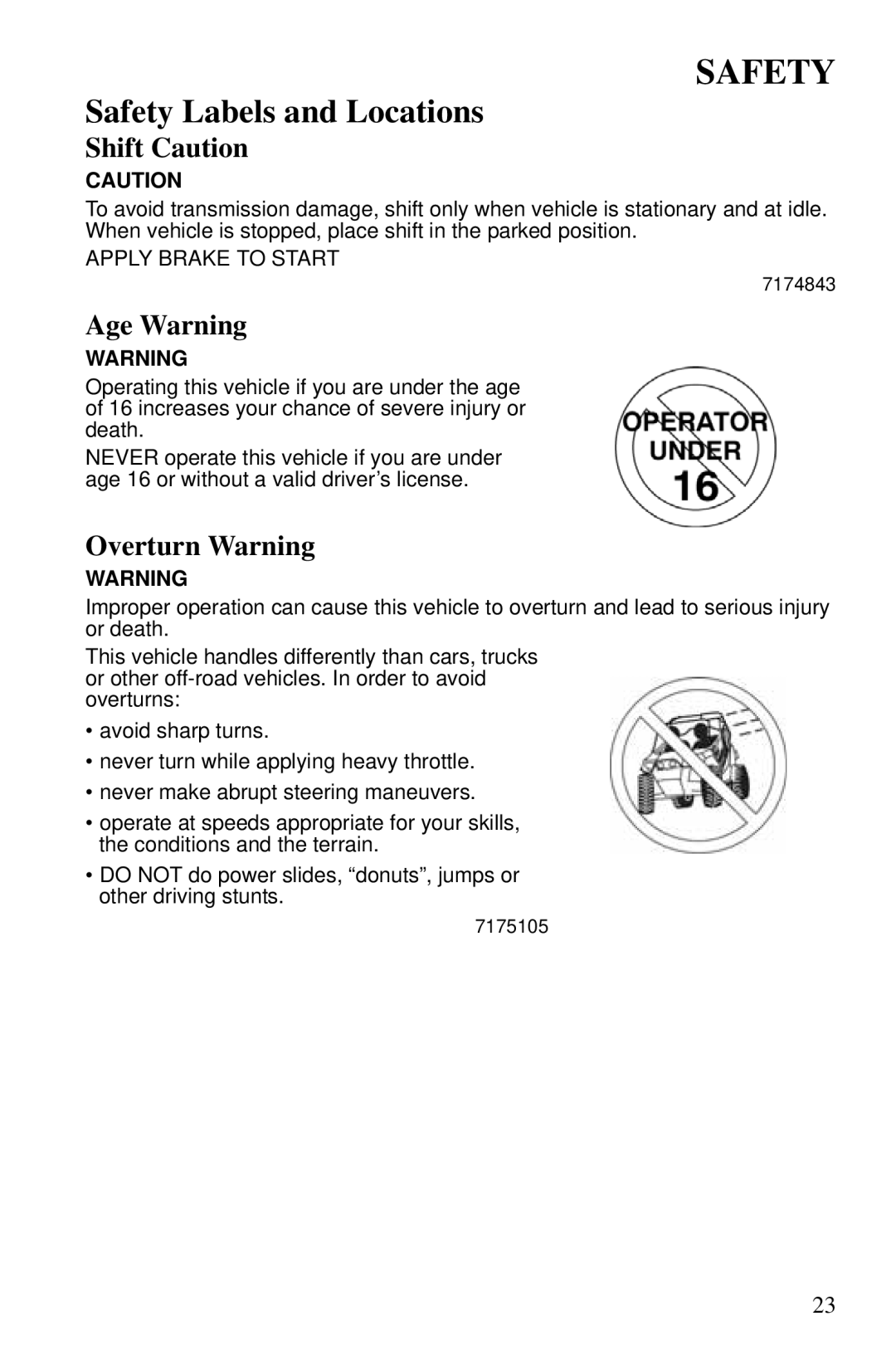 Polaris PMS 419 owner manual Shift Caution, Age Warning, Overturn Warning 