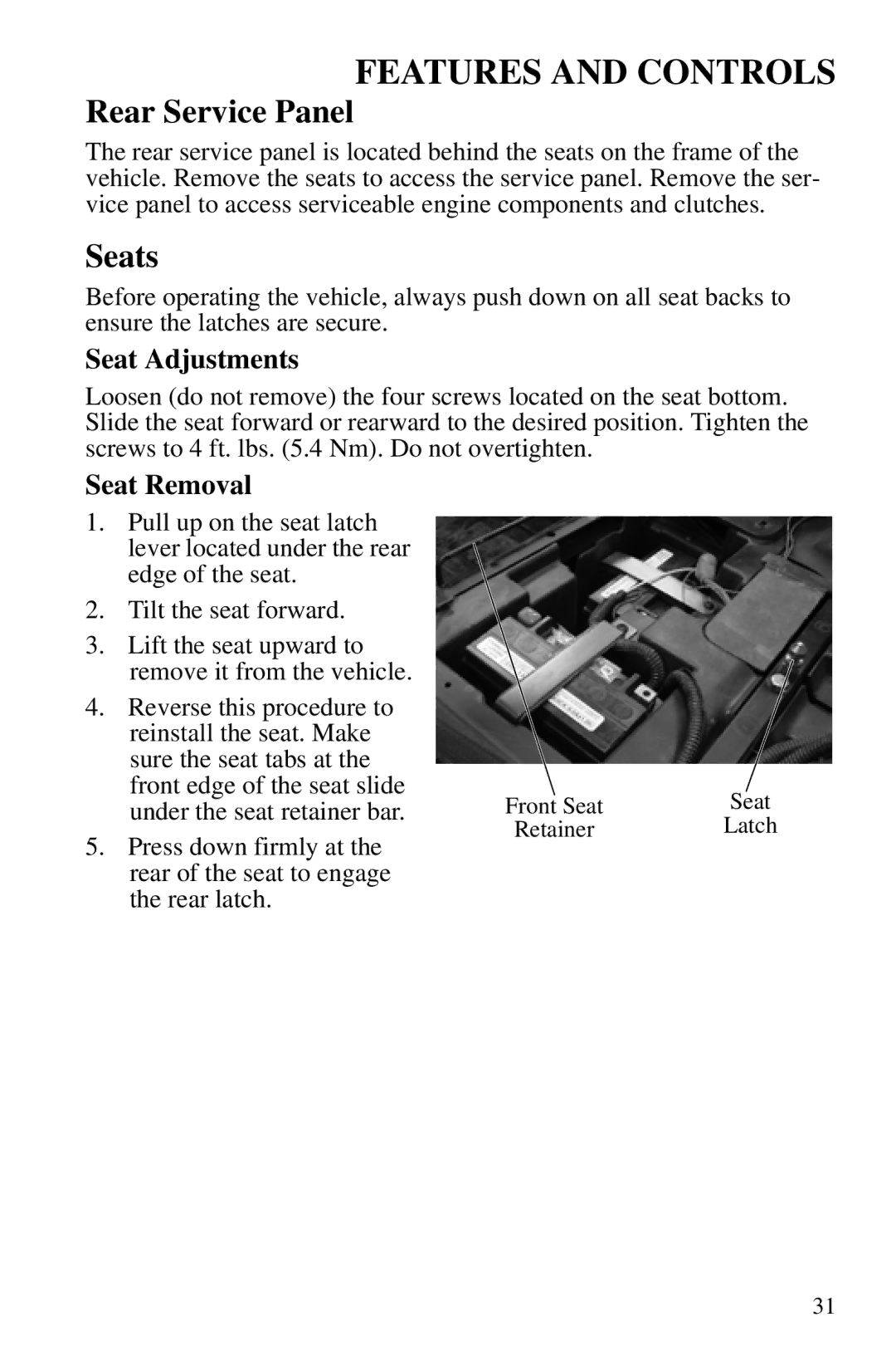 Polaris PMS 419 owner manual Rear Service Panel, Seats, Seat Adjustments, Seat Removal 