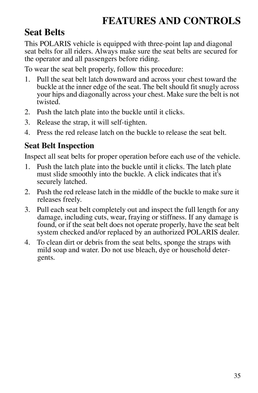 Polaris PMS 419 owner manual Seat Belts, Seat Belt Inspection 