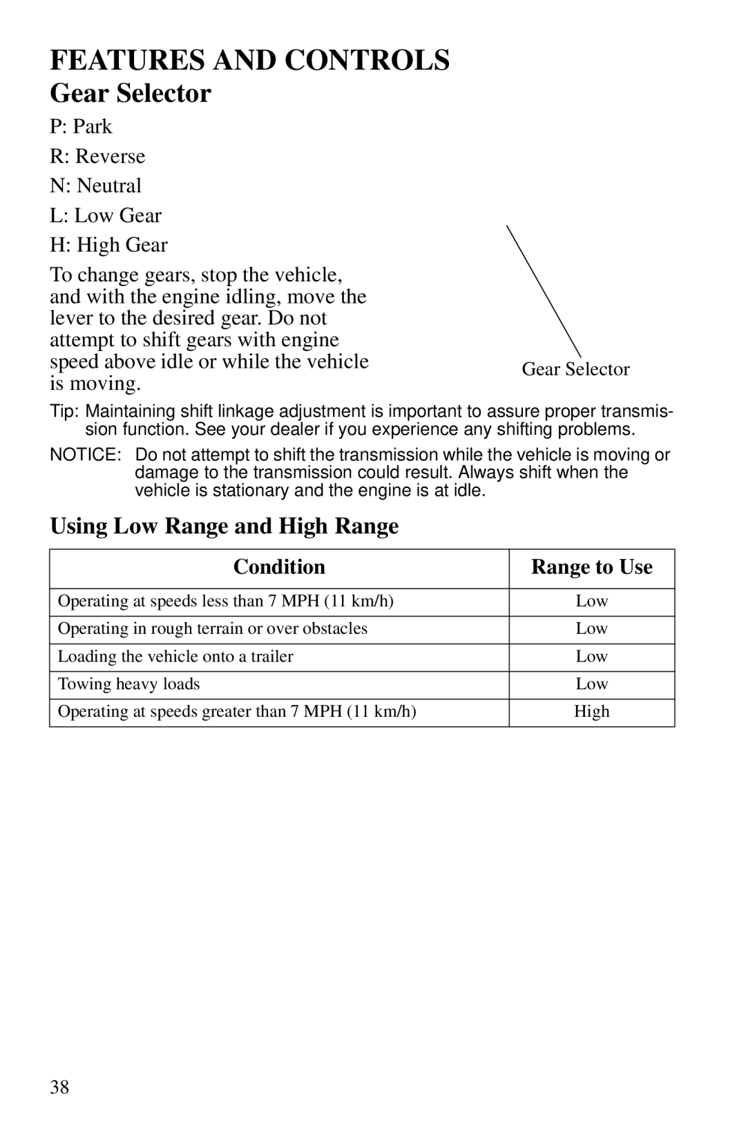 Polaris PMS 419 owner manual Gear Selector, Using Low Range and High Range, Condition Range to Use 