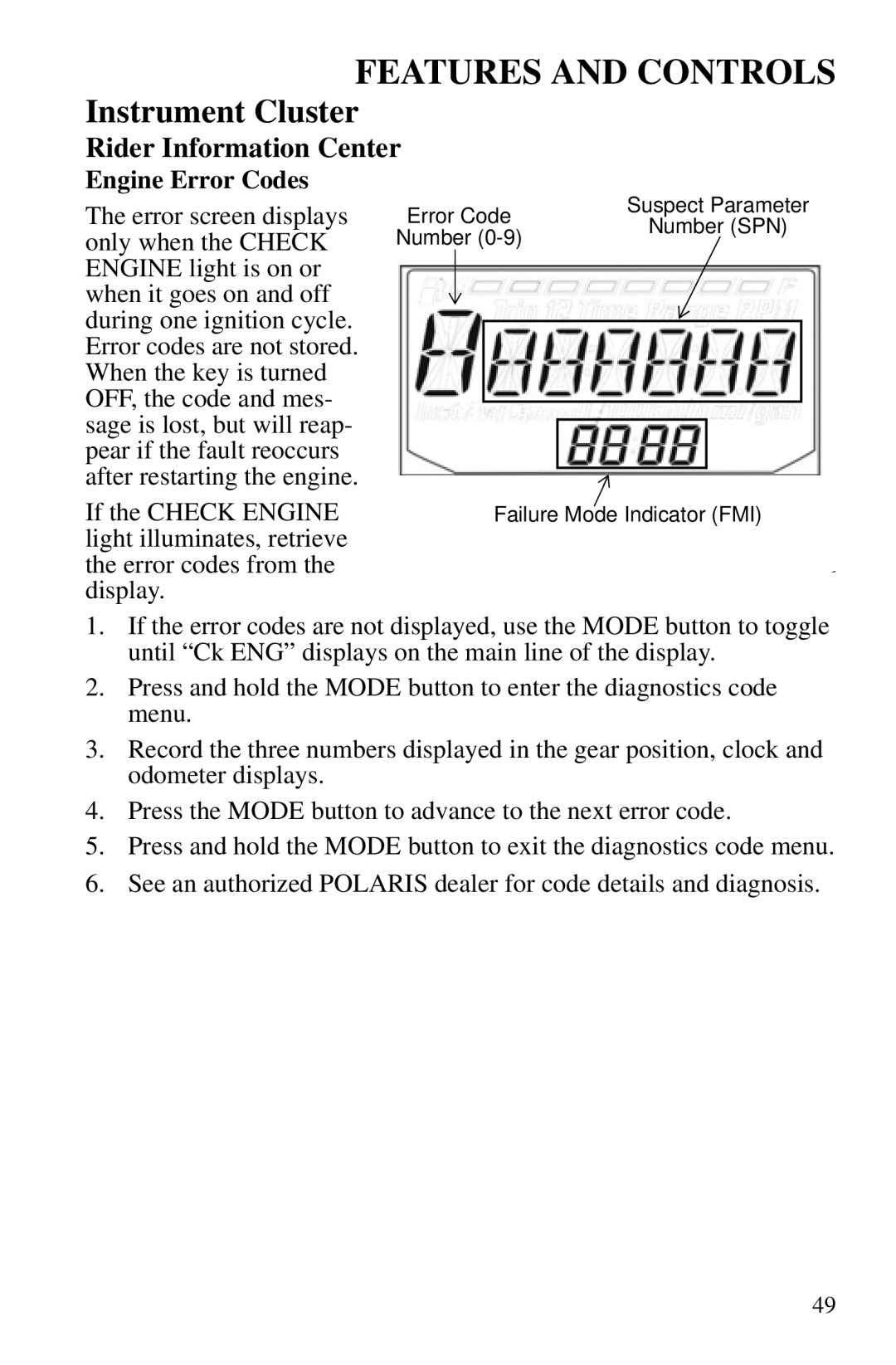 Polaris PMS 419 owner manual Engine Error Codes 