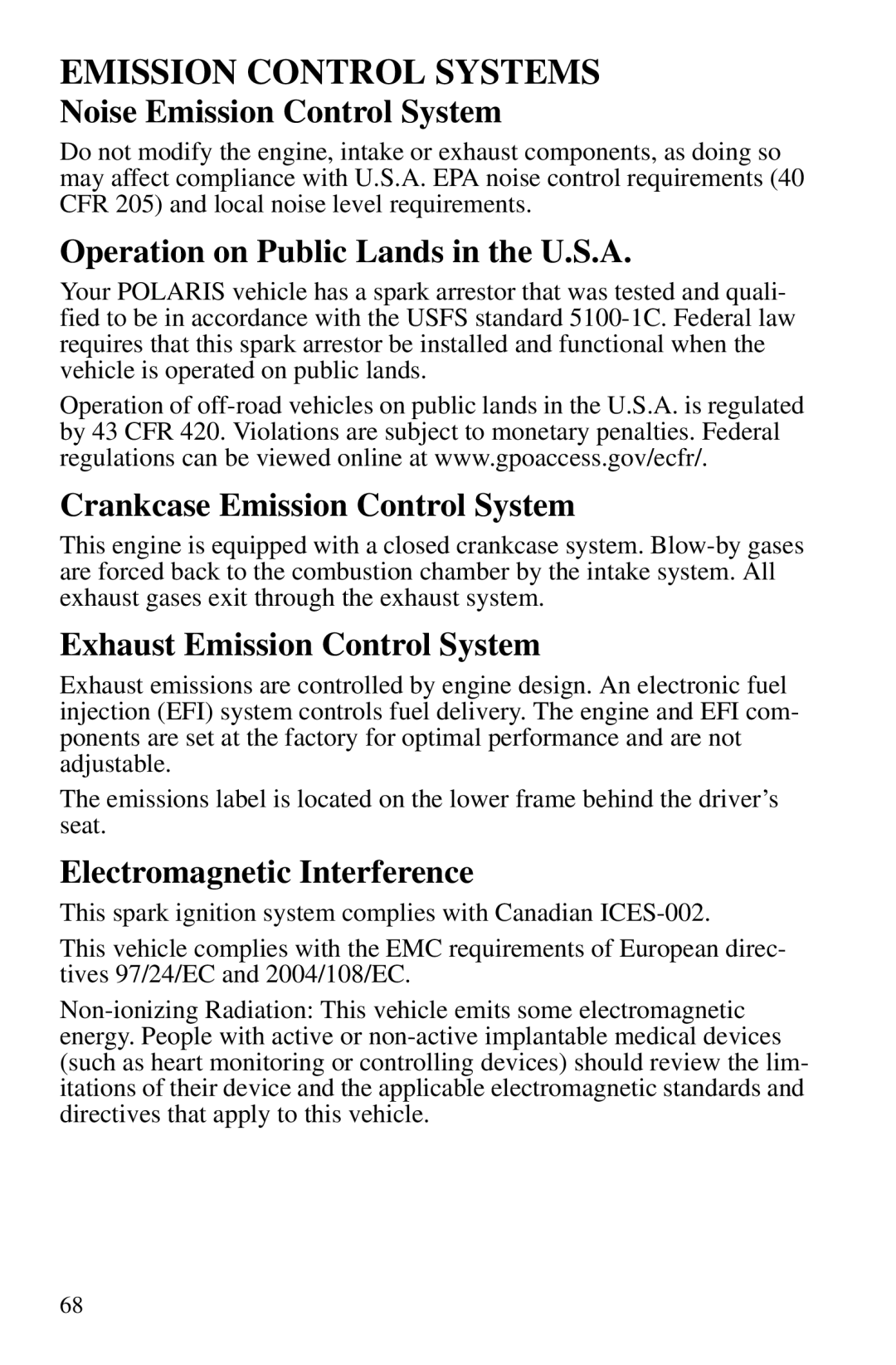 Polaris PMS 419 owner manual Emission Control Systems 