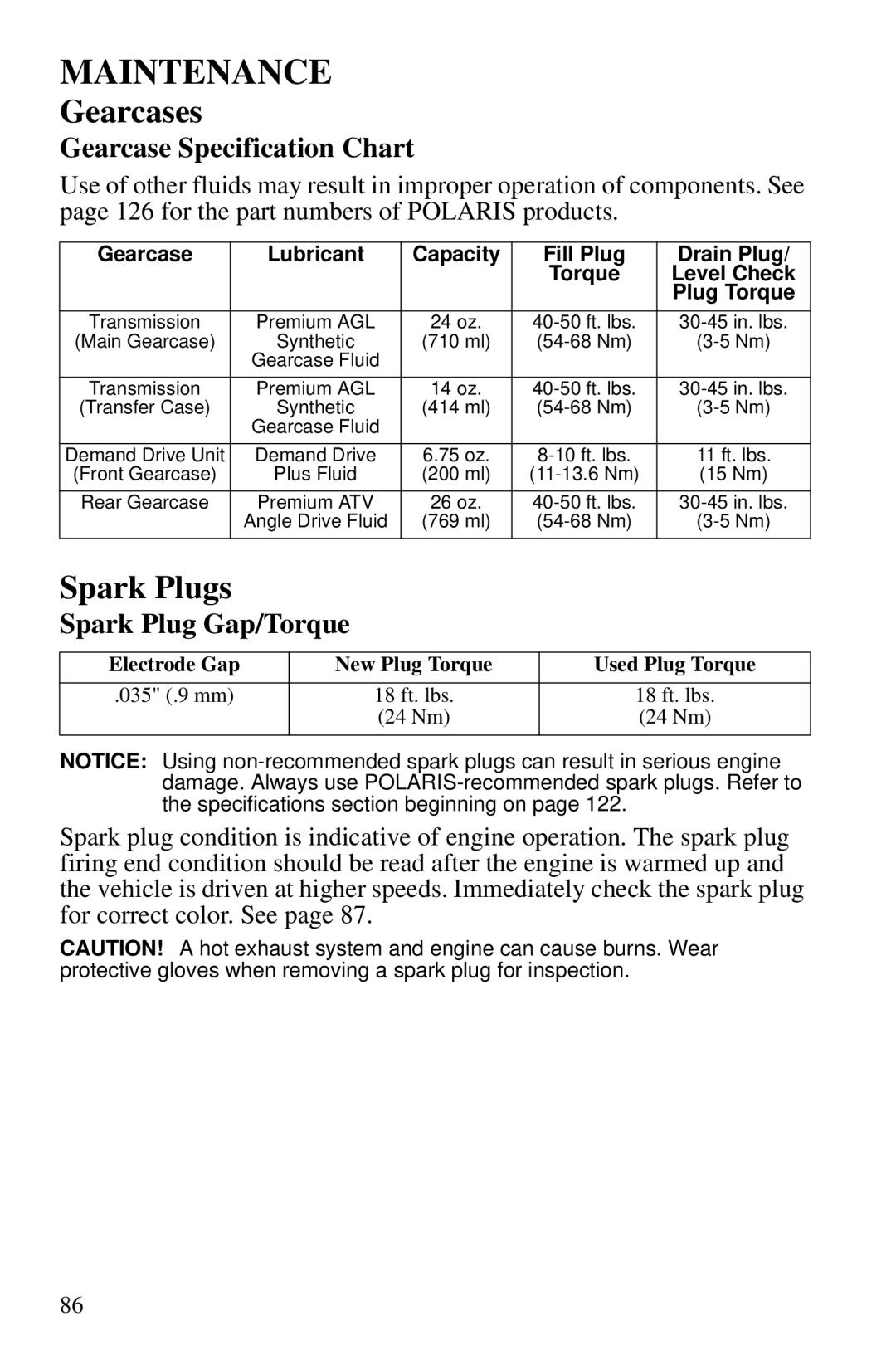 Polaris PMS 419 owner manual Spark Plugs, Gearcase Specification Chart, Spark Plug Gap/Torque 