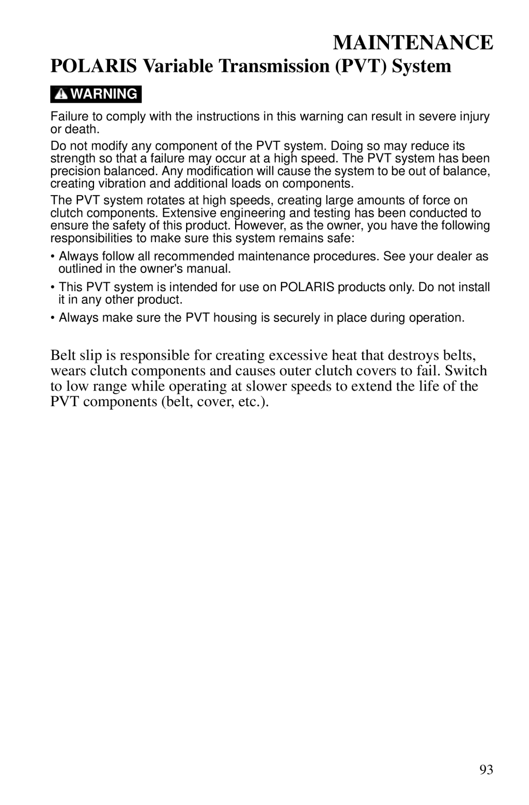 Polaris PMS 419 owner manual Polaris Variable Transmission PVT System 