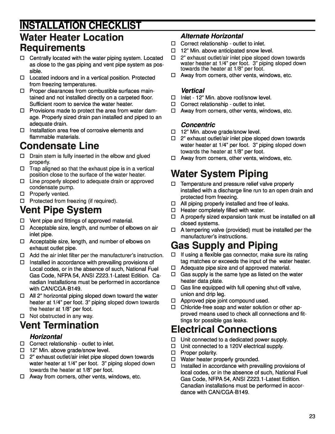 Polaris PG10* 100-199-3NV OR 3PV Installation Checklist, Water Heater Location, Requirements, Condensate Line, Vertical 