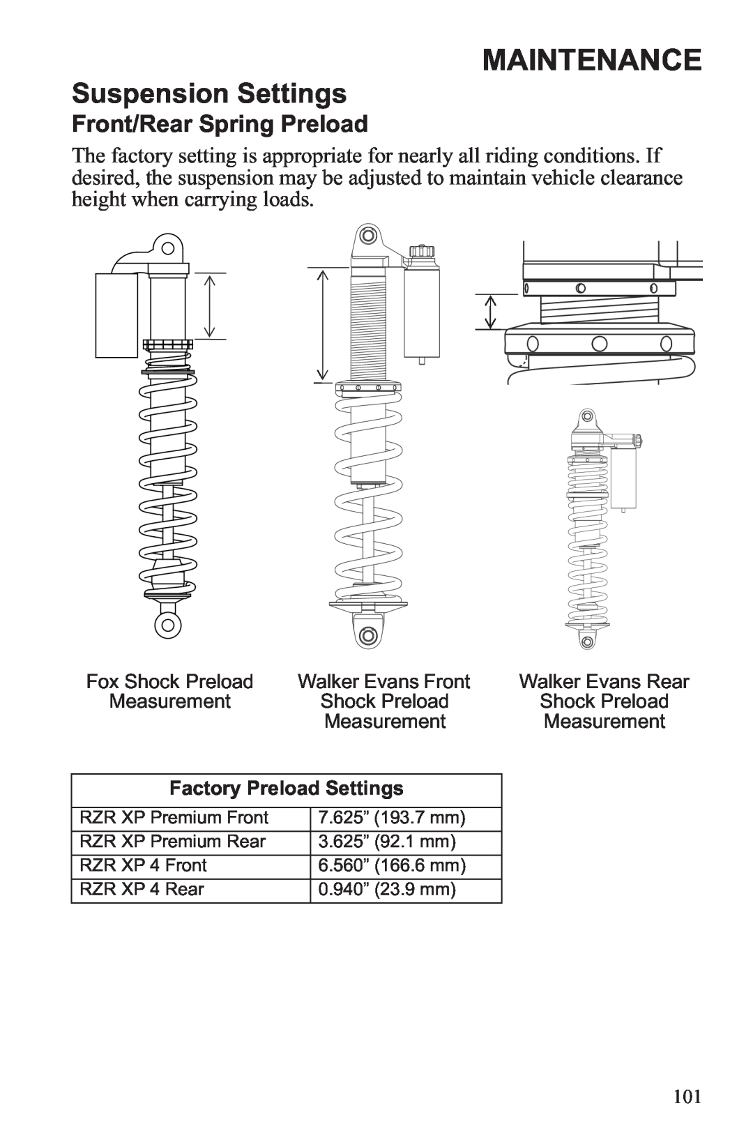 Polaris RZR XP 900 owner manual Maintenance, Front/Rear Spring Preload, Fox Shock Preload, Walker Evans Front, Measurement 