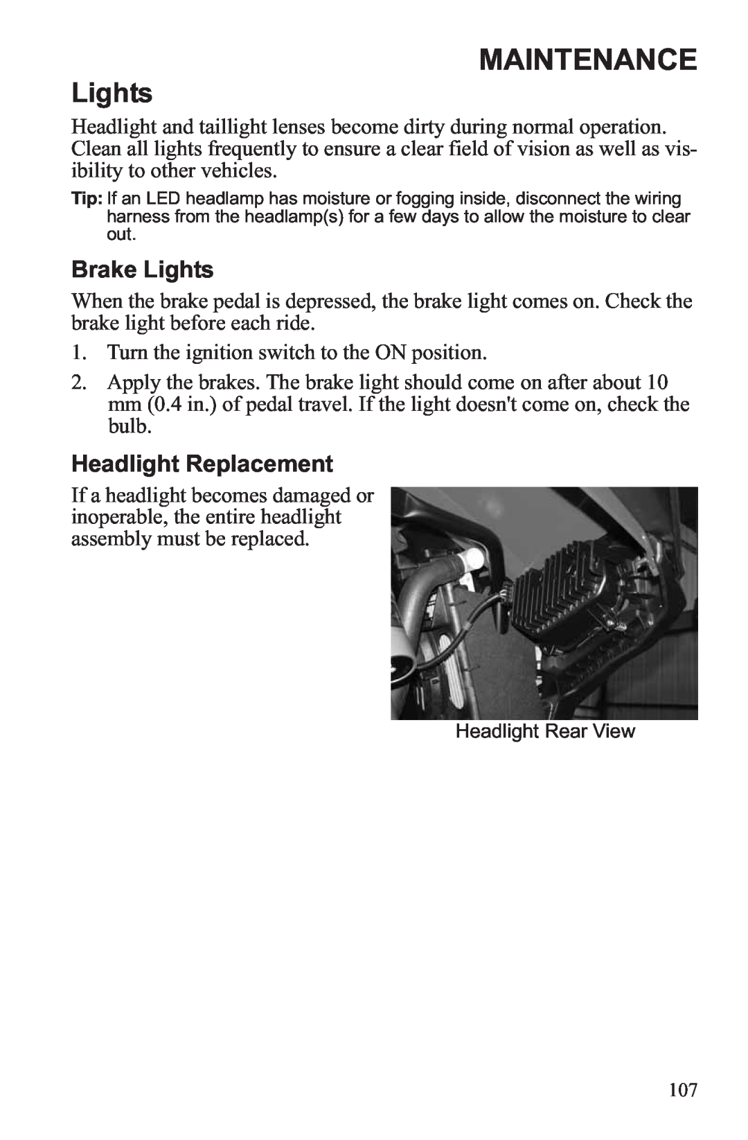 Polaris RZR XP 900, RZR XP 4 900 owner manual Maintenance, Brake Lights, Headlight Replacement 