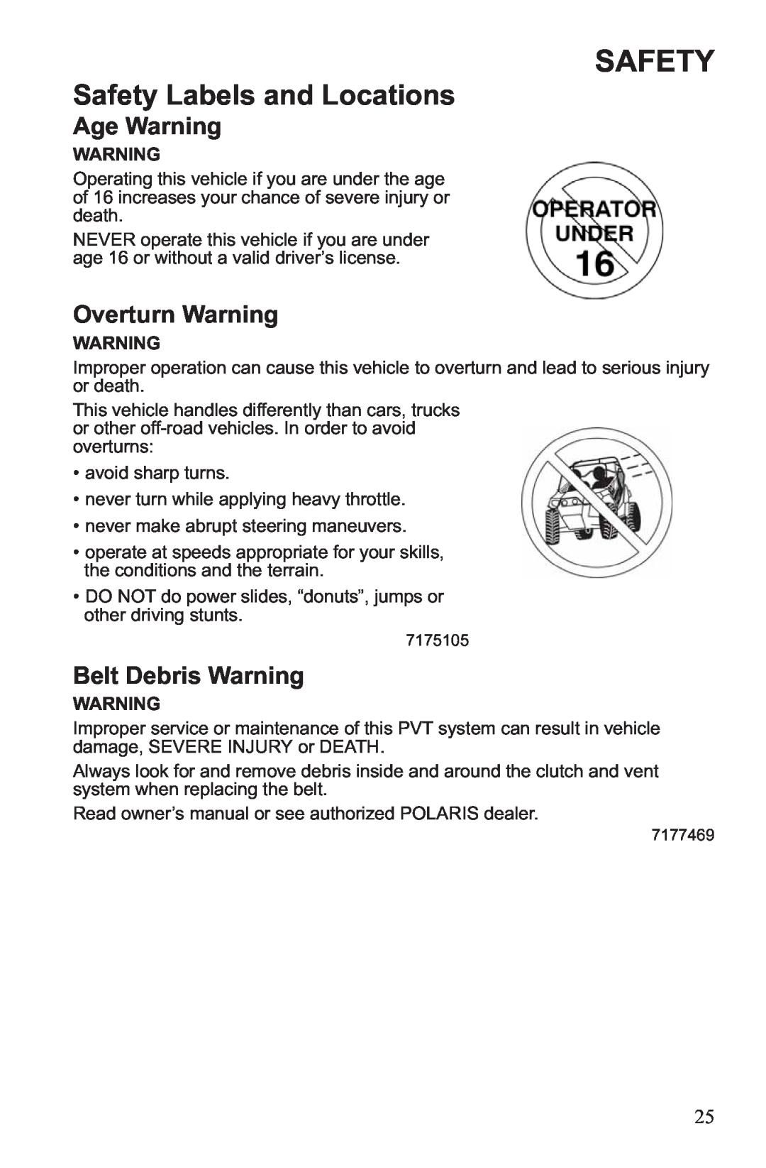 Polaris RZR XP 900, RZR XP 4 900 owner manual Safety, Age Warning, Overturn Warning, Belt Debris Warning 