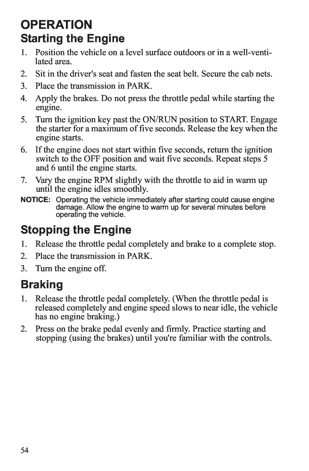 Polaris RZR XP 4 900, RZR XP 900 owner manual Operation, Starting the Engine, Stopping the Engine, Braking 