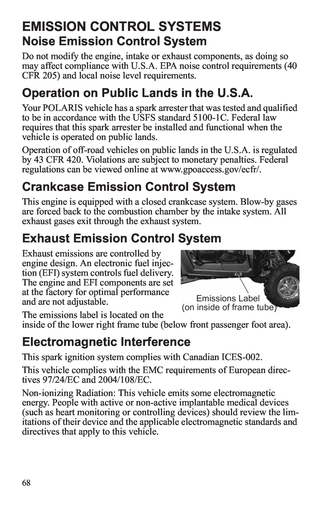Polaris RZR XP 4 900 Emission Control Systems, Noise Emission Control System, Operation on Public Lands in the U.S.A 