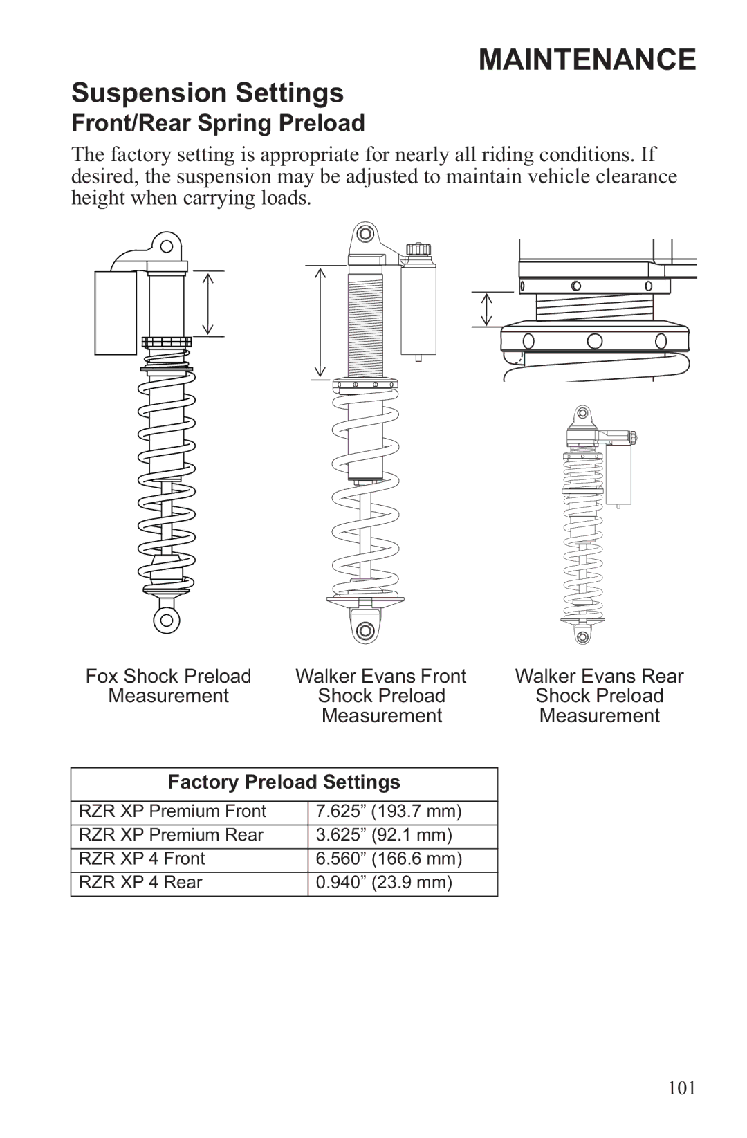 Polaris RZR XP 900, RZR XP 4 900 owner manual Suspension Settings, Front/Rear Spring Preload 