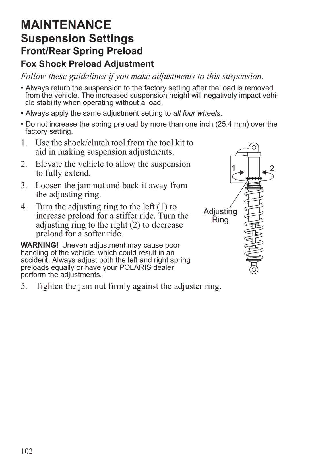 Polaris RZR XP 4 900, RZR XP 900 owner manual Fox Shock Preload Adjustment 