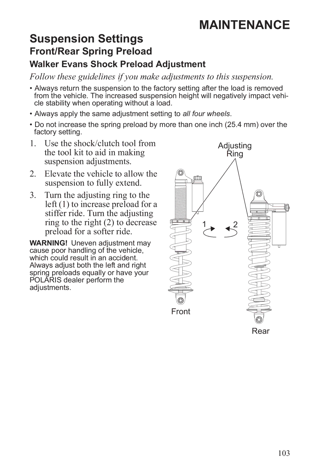 Polaris RZR XP 900, RZR XP 4 900 owner manual Walker Evans Shock Preload Adjustment 