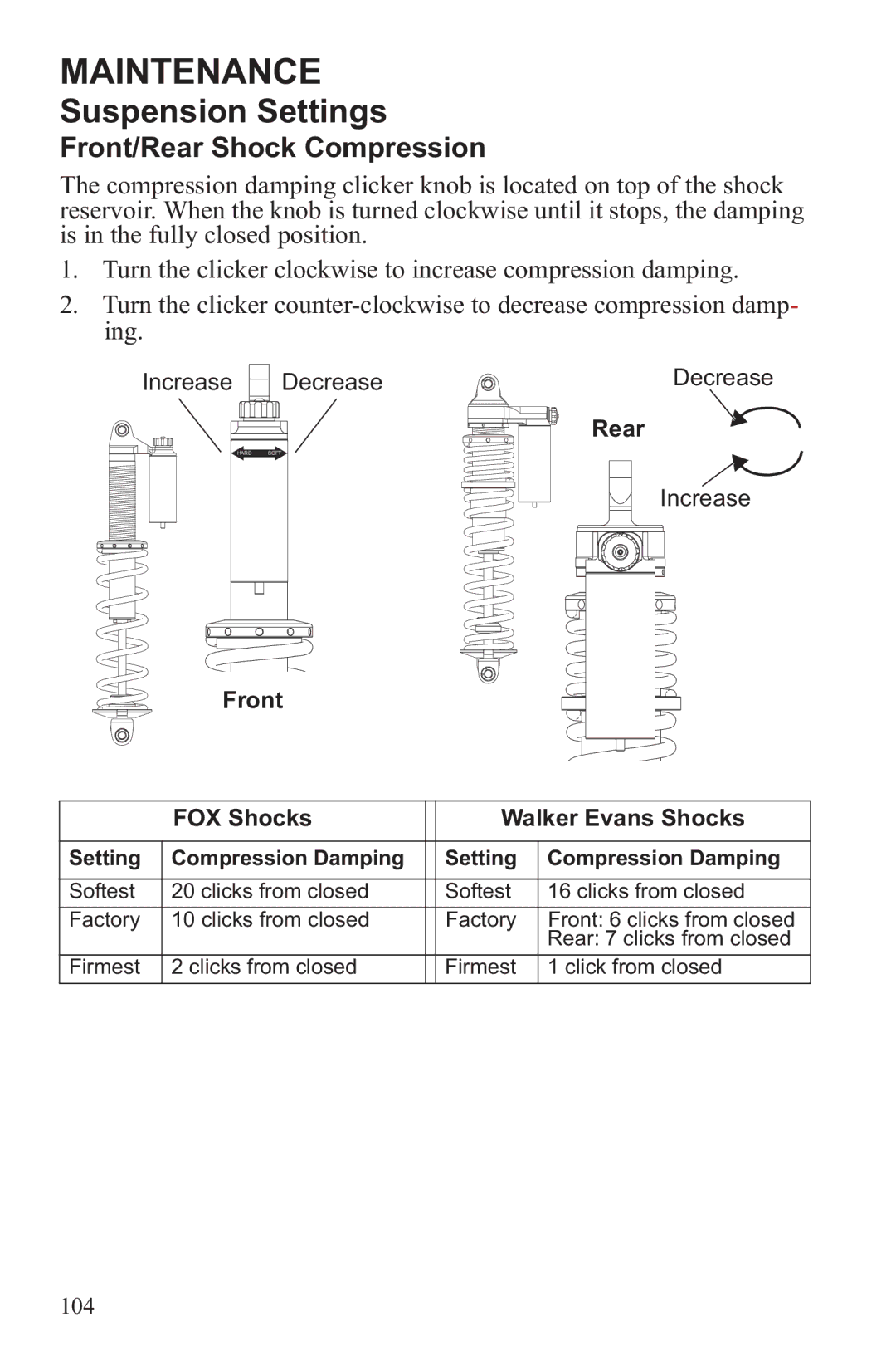 Polaris RZR XP 4 900, RZR XP 900 owner manual Front/Rear Shock Compression, Front FOX Shocks Walker Evans Shocks 